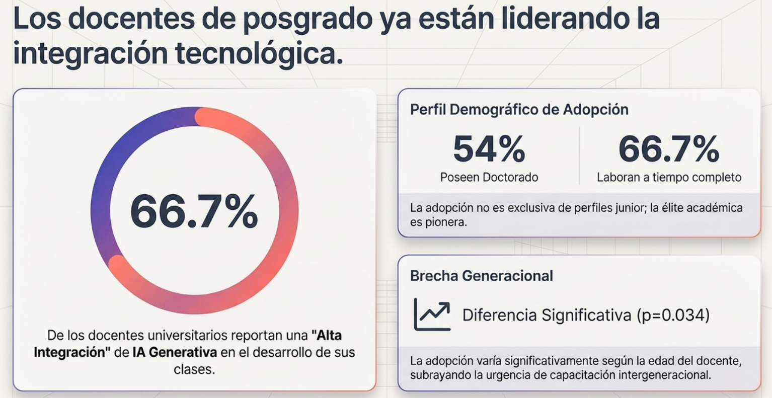 Gráfico circular con 66.7% de alta integración de IA generativa en posgrado, acompañado de datos demográficos.