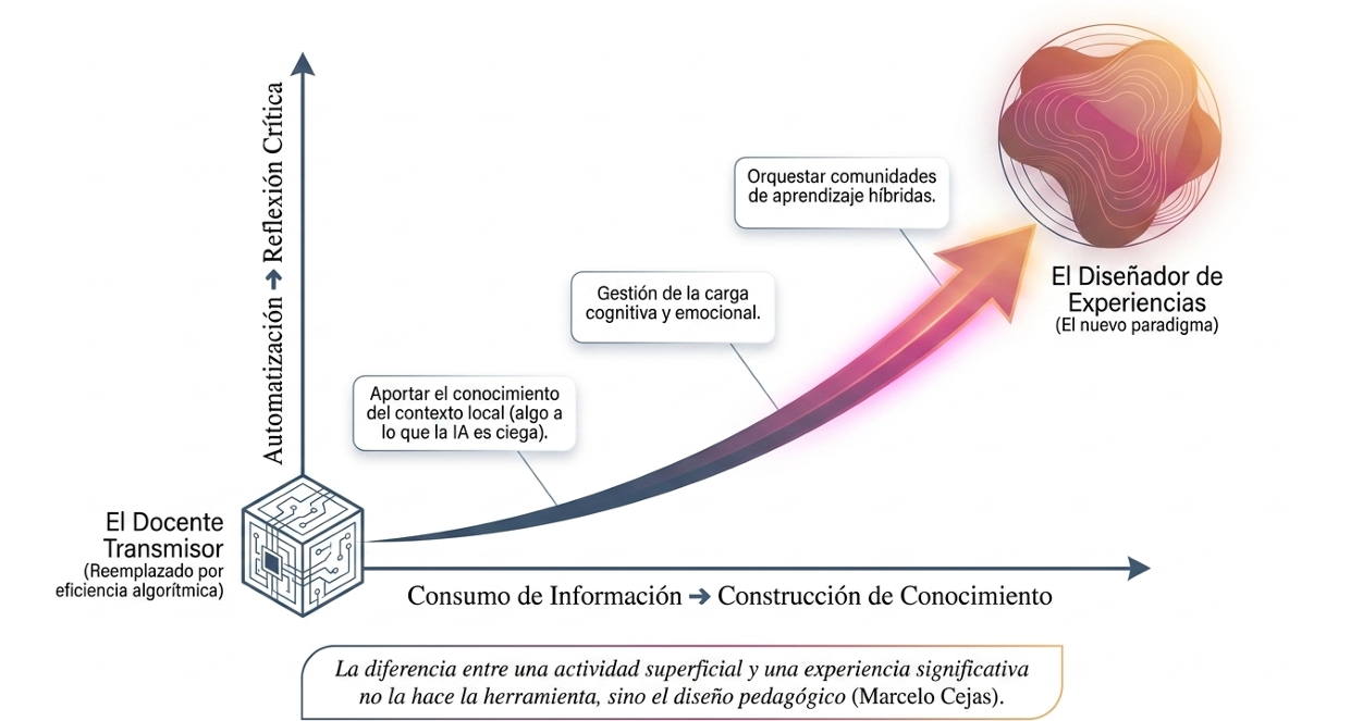 Metáfora de la esperanza y el crecimiento controlado. El cubo (tecnología) sirve de base para la vida (aprendizaje). Sugiere que la innovación debe ser fértil y no estéril.