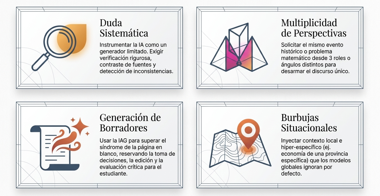 Representa el horizonte estratégico. Los monolitos son las grandes empresas tecnológicas (Big Tech) que dominan el ecosistema. La figura solitaria es la institución educativa decidiendo si entrar o quedarse al margen.