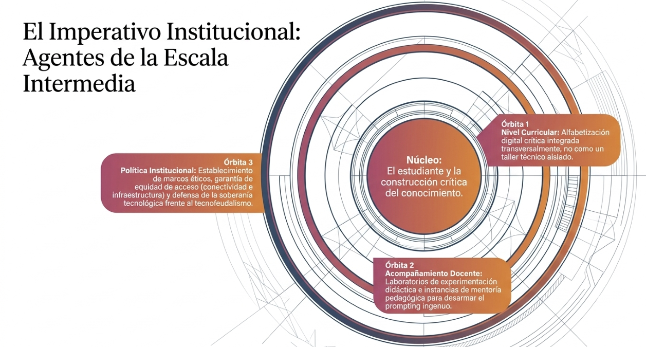 Simboliza la erosión del conocimiento tradicional. La fragmentación visual representa cómo la IA descompone la información, poniendo en riesgo la estructura lineal del aprendizaje clásico.