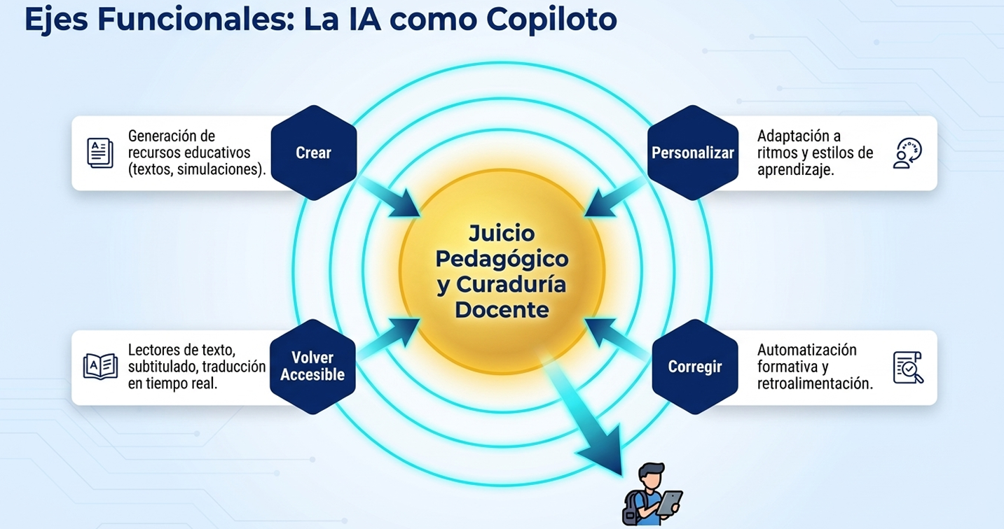 Simboliza la nueva infraestructura institucional. La fusión de arquitectura clásica (templos) con flujos de luz digital representa la transformación de la universidad tradicional en un ecosistema híbrido y tecnificado.
