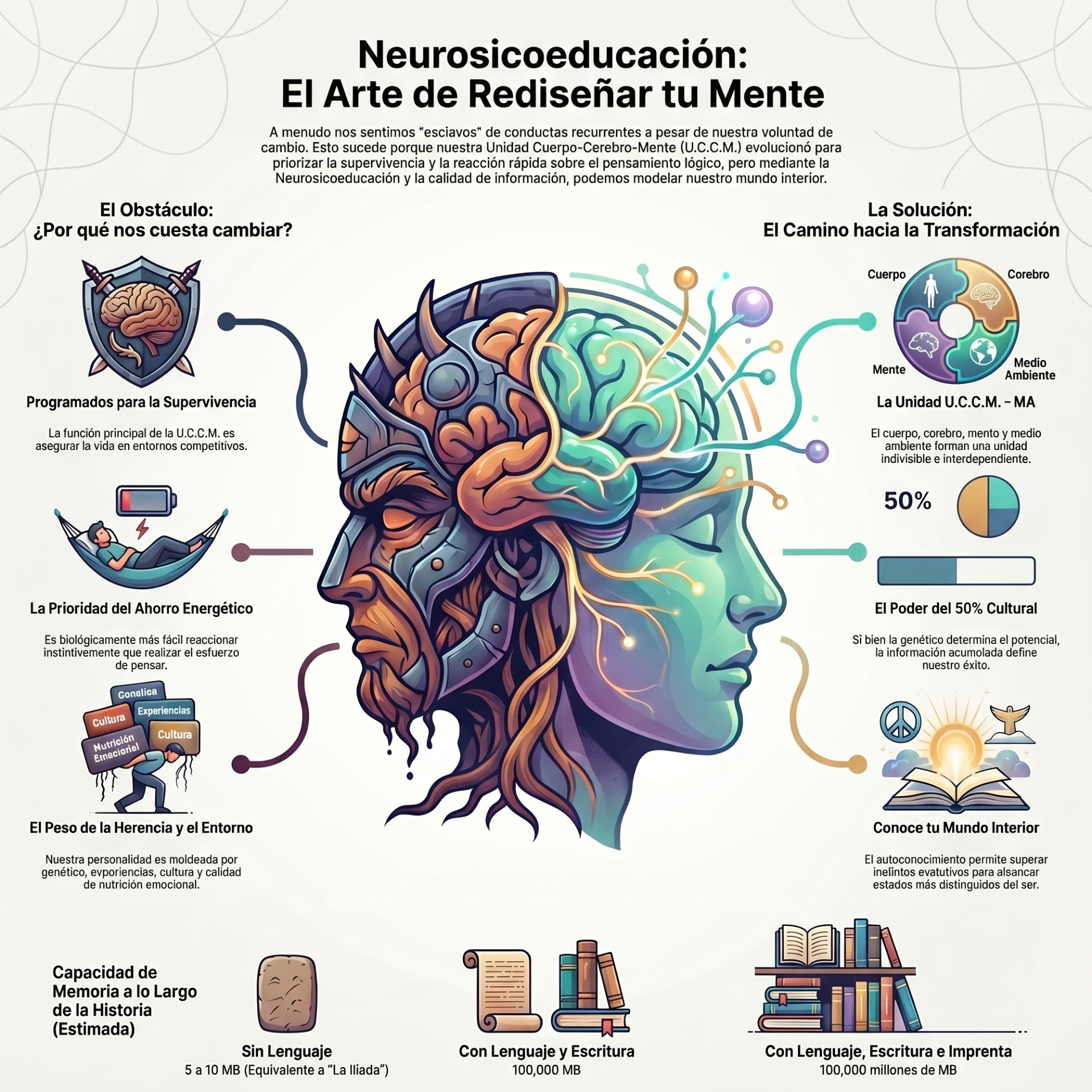 La simbiosis cerebro-máquina. Un rostro detallado con mirada profunda, donde la piel se fragmenta para revelar flujos de datos y redes neuronales luminosas.