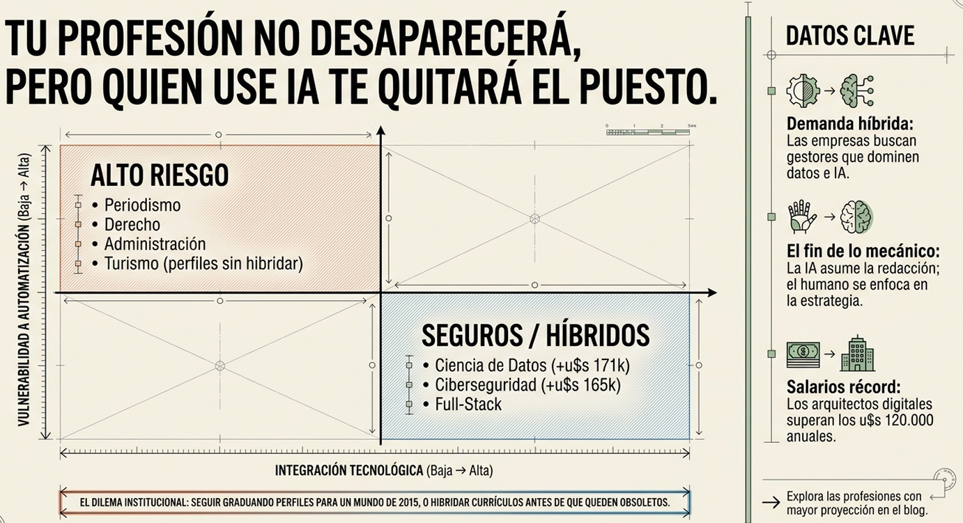 Representa el ecosistema de marca global. La educación superior ya no ocurre en un campus, sino en un mercado global hiperconectado. La confianza del estudiante se gana cuando la institución demuestra que puede prepararlo para habitar y liderar en esta complejidad tecnológica.