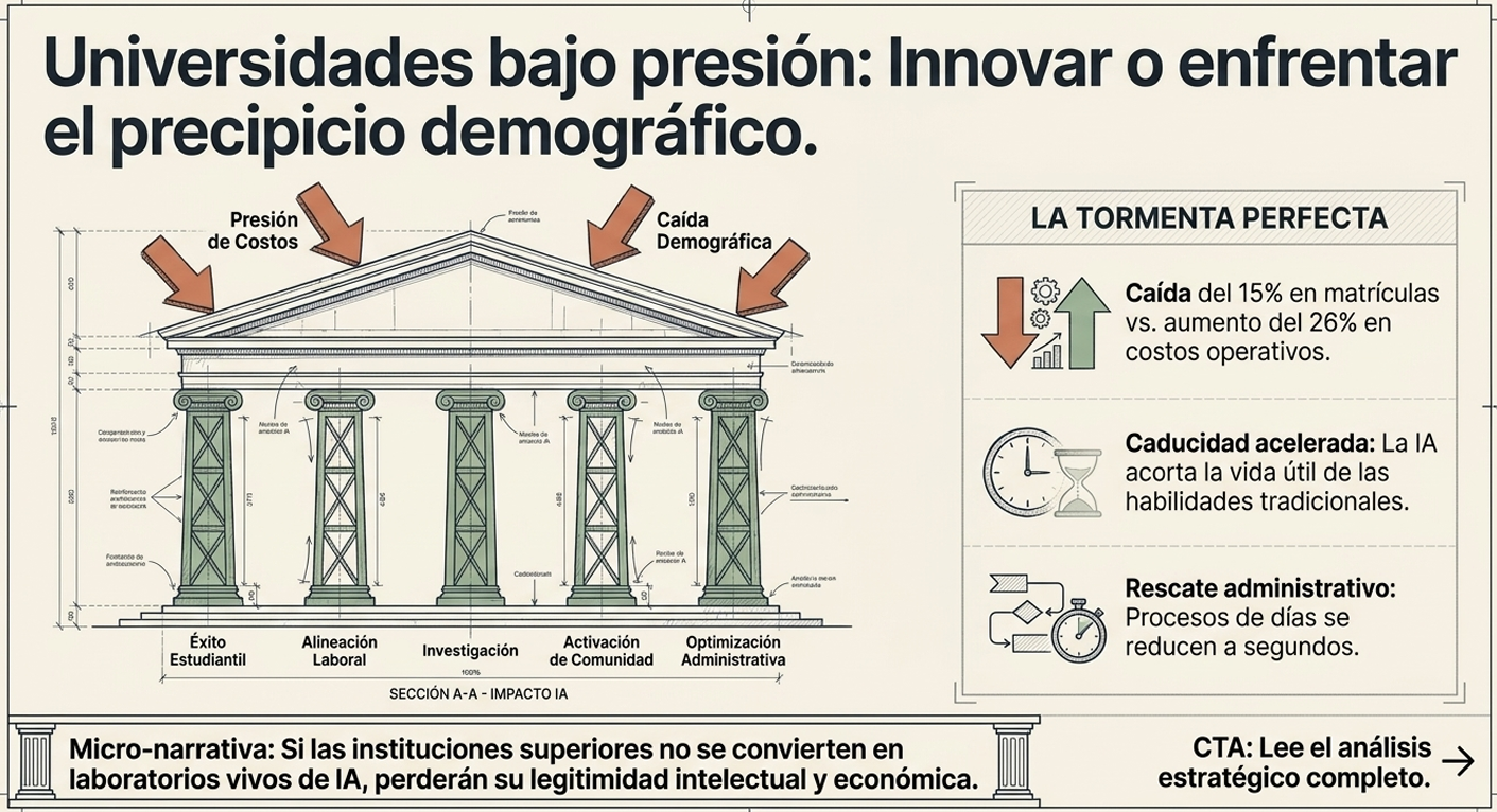 Representa la agilidad organizacional. Una universidad transformada es una red conectada, no una jerarquía estanca. El dilema es la fragmentación: una institución que no fluye a la misma velocidad que el conocimiento digital pierde su credibilidad frente a los nativos digitales.