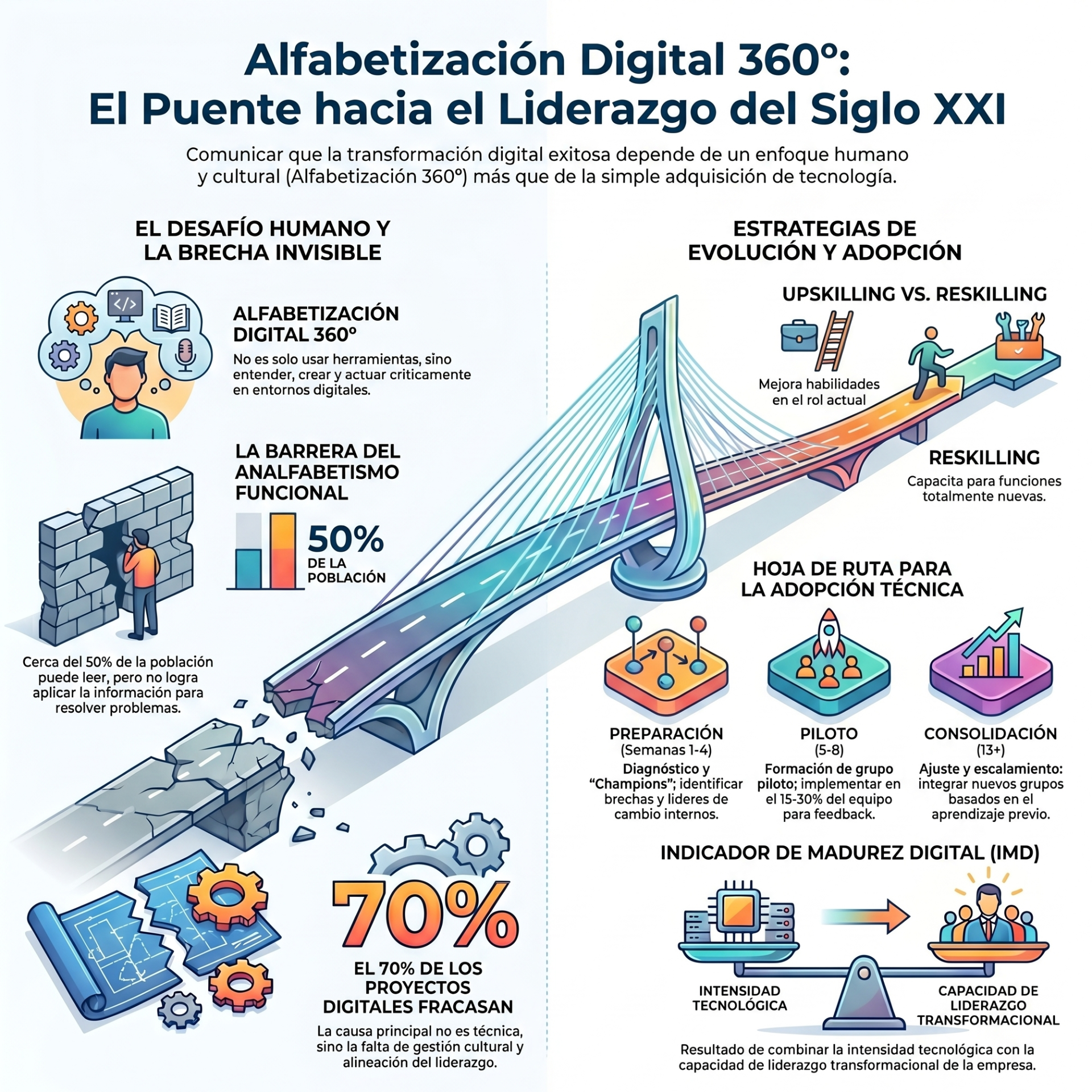 Se relaciona con el dilema de la humanización de la consultoría. Existe el temor de que la consultoría tecnológica sea solo una venta de software. Esta imagen refuerza que el sentido estratégico reside en el juicio humano que interpreta los datos para darles un propósito pedagógico.