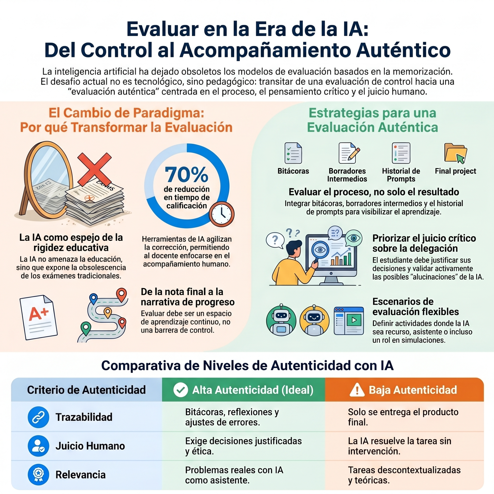 Representa el dilema de la identidad intelectual. En la era de la IA, la línea entre el pensamiento propio y la producción algorítmica se vuelve borrosa. La confianza institucional se quiebra cuando el evaluador no puede distinguir si lo que ve es la "piel" (el esfuerzo del alumno) o el "circuito" (la respuesta generada), planteando el reto de validar la autenticidad del sujeto detrás de la pantalla.