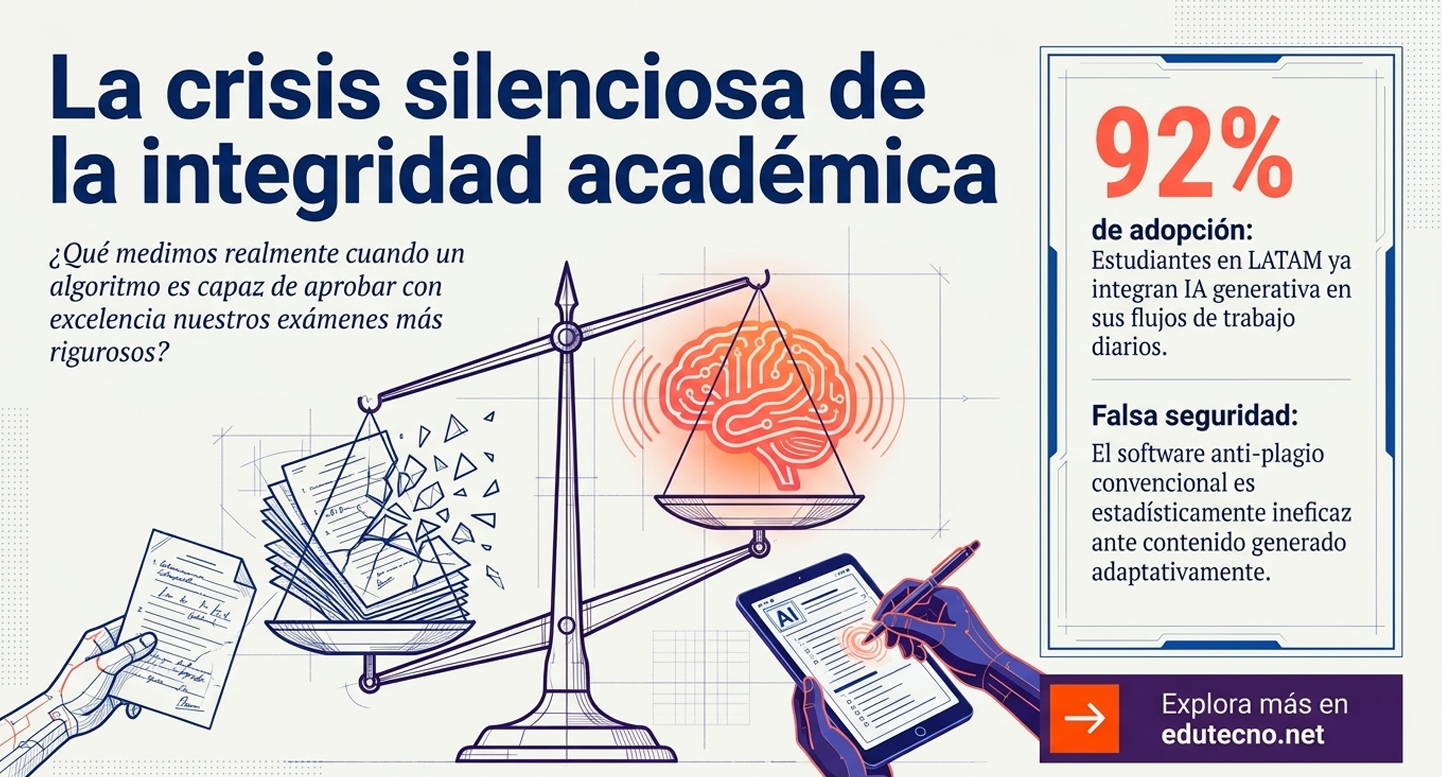 Se relaciona con el dilema de la evaluación obsoleta. La crisis de integridad es el síntoma de que los métodos de evaluación antiguos han estallado. La imagen sugiere que del caos de la era digital debe nacer un nuevo modelo de honestidad académica: uno que no se base en la prohibición, sino en una explosión de nuevas formas de demostrar el saber que sean imposibles de automatizar sin alma.