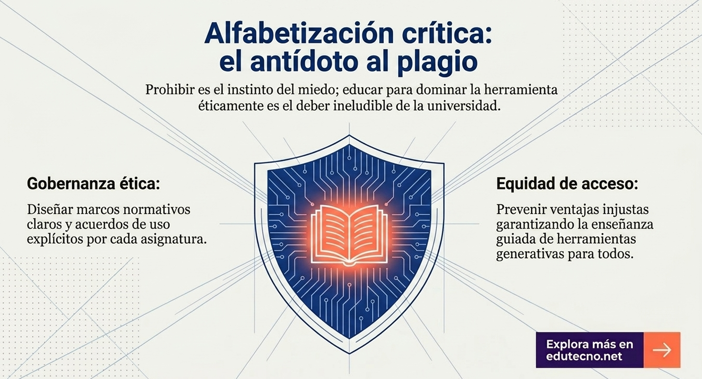 Aborda el dilema de la externalización del saber. La integridad académica corre peligro cuando el estudiante percibe que el conocimiento "ya está ahí" y es tan vasto que su contribución personal parece irrelevante. La institución debe decidir si castiga el uso de estas "bibliotecas de luz" o si enseña a habitarlas con ética y criterio propio.