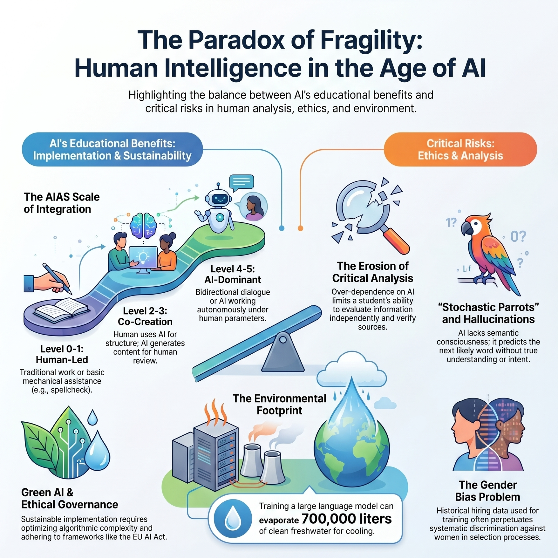 This infographic illustrates a balancing act between the "Educational Benefits" of AI (efficiency and integration scales) and "Critical Risks" (erosion of analysis, bias, and environmental costs). It features a winding path representing levels of AI integration and various icons representing the complexities of the digital-human overlap.