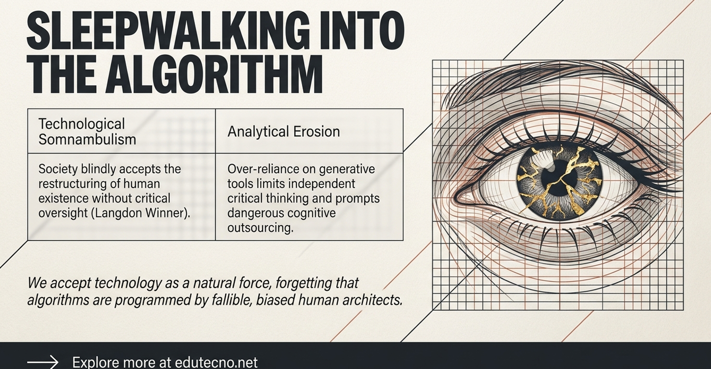 This represents the dilemma of institutional passivity. It warns that society—and educational leaders—often "sleepwalk" into restructuring human existence around algorithms without critical oversight. The trust dilemma is the failure to recognize that these "natural forces" are actually programmed by "fallible, biased human architects."