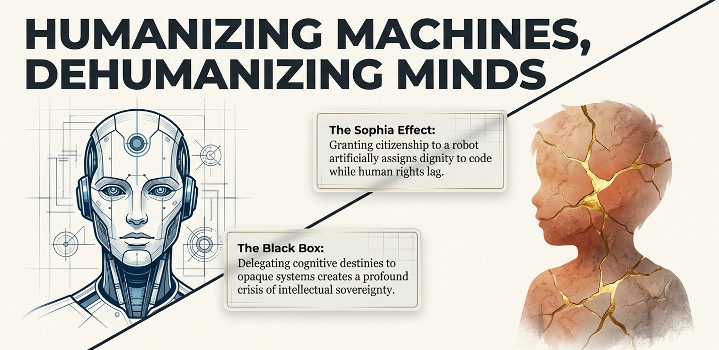 This visualizes the dilemma of intellectual sovereignty. By "humanizing" machines (The Sophia Effect), society risks "dehumanizing" the student by delegating their cognitive destiny to opaque systems. It frames the "Black Box" not just as a technical issue, but as a fundamental threat to the dignity and agency of the human