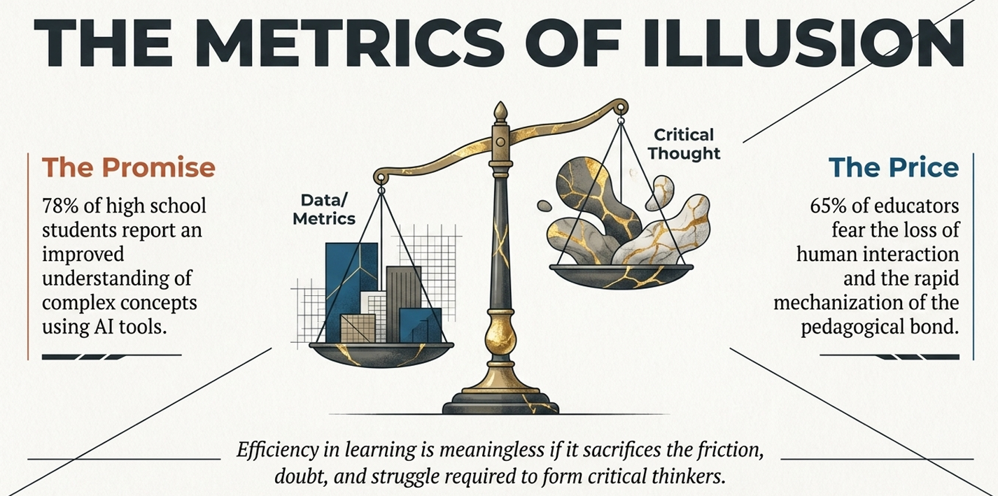 This image exposes the dilemma of hollow metrics. It suggests that quantitative data—often used by institutions to justify technology spend—can be an "illusion" if it sacrifices the "doubt and struggle" required for critical thought. Trust is undermined when institutions prioritize "efficiency" over the "pedagogical bond."