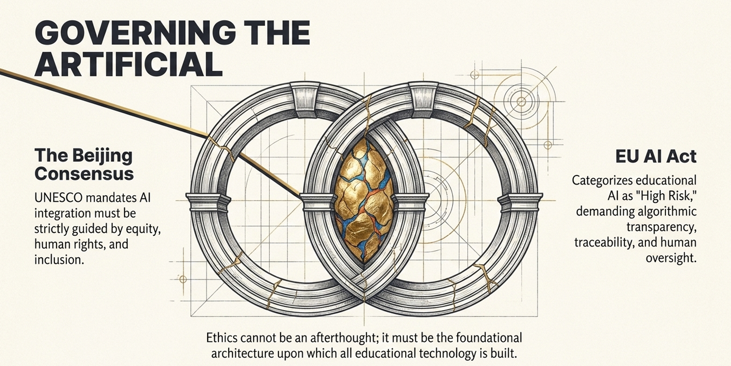 This represents the dilemma of algorithmic transparency. It posits that ethics cannot be a superficial "add-on" but must be the "foundational architecture." For an institution to maintain trust, it must navigate the "High Risk" nature of educational AI by demanding traceability and human oversight, as mandated by emerging global frameworks.