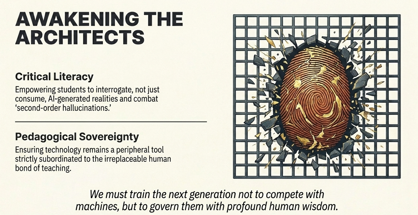 This image speaks to the dilemma of cognitive autonomy. In an era of "second-order hallucinations," where AI creates convincing but false realities, the "architects" (students and educators) must be trained to interrogate rather than just consume. It frames institutional trust as something that must be anchored in the "irreplaceable human bond of teaching" rather than the algorithm.
