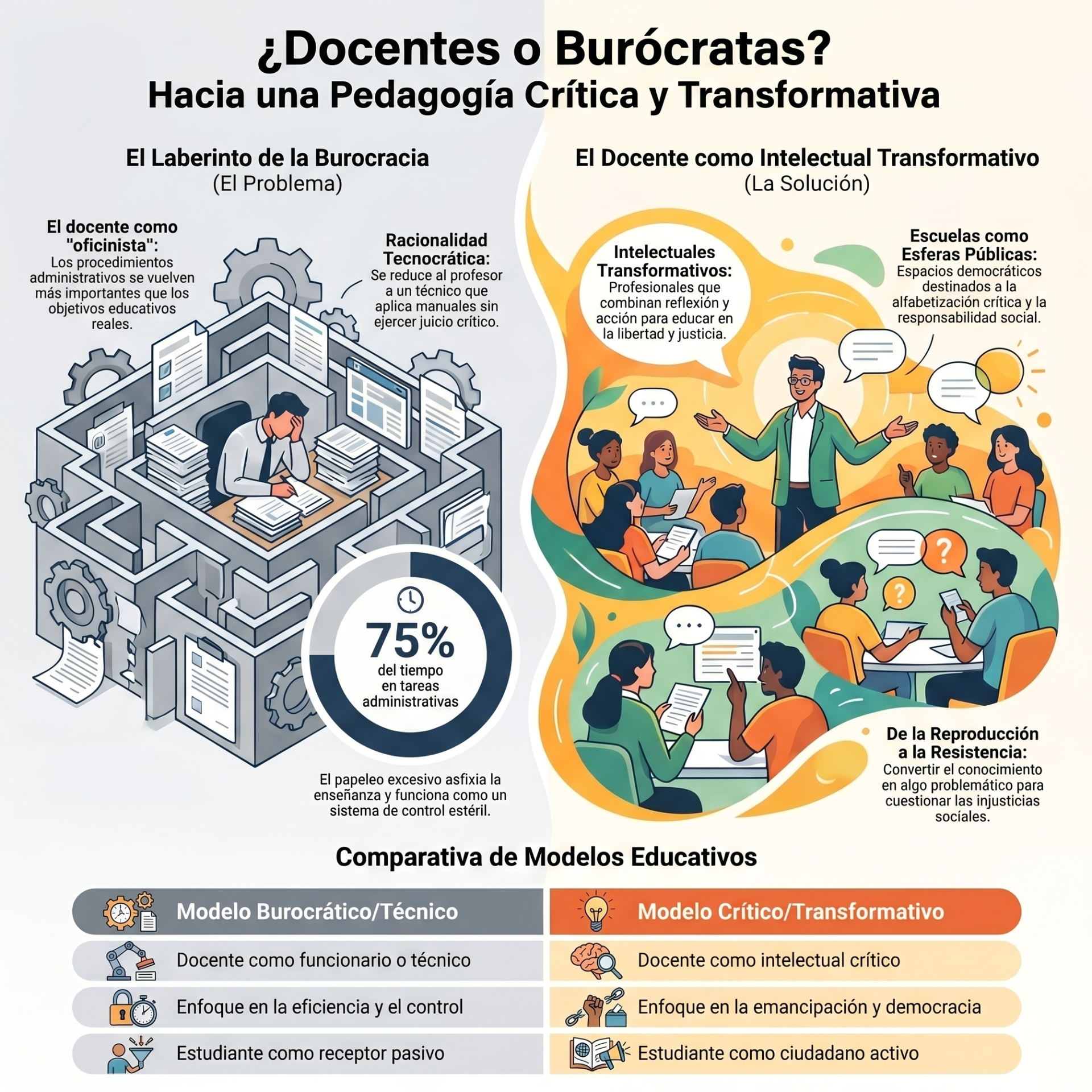 La imagen muestra un contraste visual entre el "Laberinto de la Burocracia", donde un docente aparece abrumado por el papeleo (75% del tiempo en tareas administrativas), y el "Docente como Intelectual Transformativo", representado en un aula vibrante y participativa.