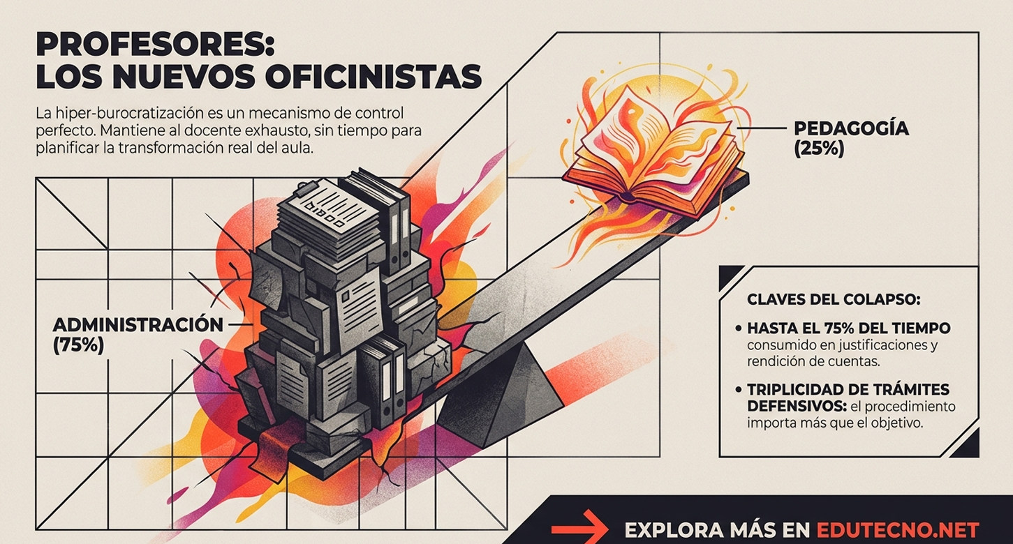 Resume el dilema del control mediante el agotamiento. La hiper-burocratización se utiliza como un mecanismo de control perfecto que mantiene al docente exhausto y sin tiempo para planificar la transformación real del aula, priorizando el trámite defensivo sobre el objetivo pedagógico.