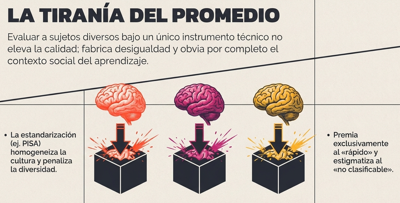 Tres cerebros de diferentes colores son forzados hacia abajo por flechas negras para encajar en cajas cuadradas idénticas.