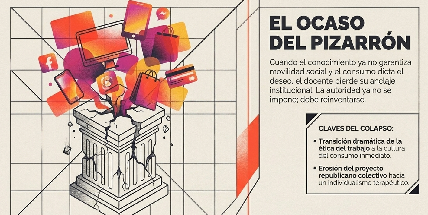 Ilustra el dilema del anclaje institucional. Ante el paso de una ética del trabajo a una cultura del consumo inmediato, la autoridad docente ya no se impone por decreto, sino que debe reinventarse frente a la erosión del proyecto republicano colectivo.