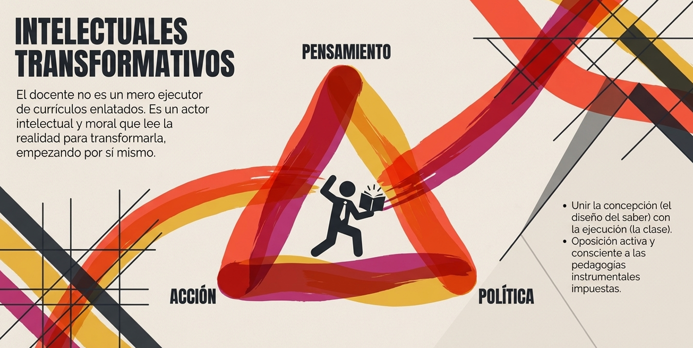Un triángulo rojo conecta los conceptos de "Pensamiento", "Acción" y "Política", con una figura central que sostiene un libro en alto.