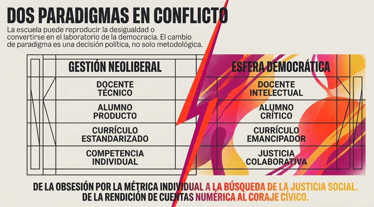 Una tabla comparativa dividida por un rayo separa la "Gestión Neoliberal" (docente técnico, alumno producto, currículo estandarizado) de la "Esfera Democrática" (docente intelectual, alumno crítico, currículo emancipador).