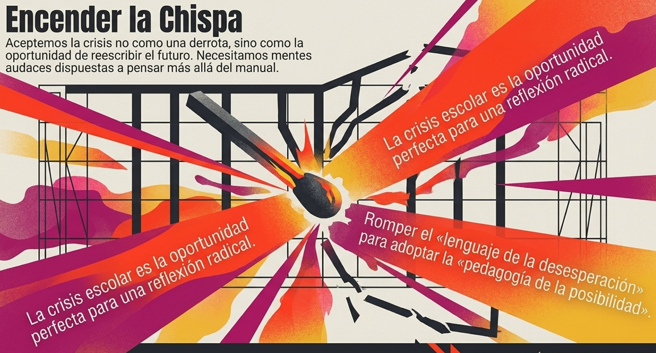 Representa el dilema de la crisis como oportunidad frente a la derrota. En momentos de crisis escolar, las instituciones suelen refugiarse en el "lenguaje de la desesperación" y el control rígido; la imagen propone romper esa estructura para adoptar una reflexión radical que piense más allá del manual convencional.