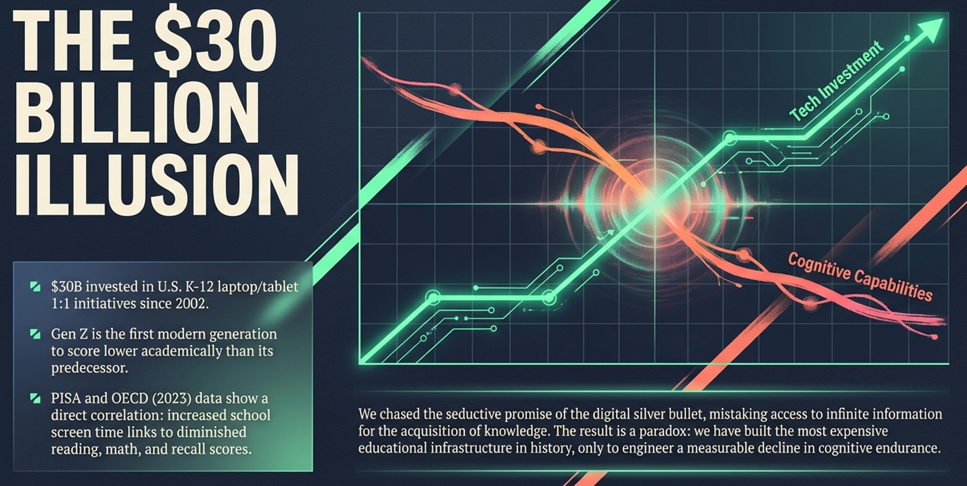 This summarizes the Systemic Efficacy Dilemma. Institutions have built the most expensive infrastructure in history only to see diminished results in reading and math. The trust in the "digital silver bullet" was a mistake, confusing access to information with the acquisition of knowledge.