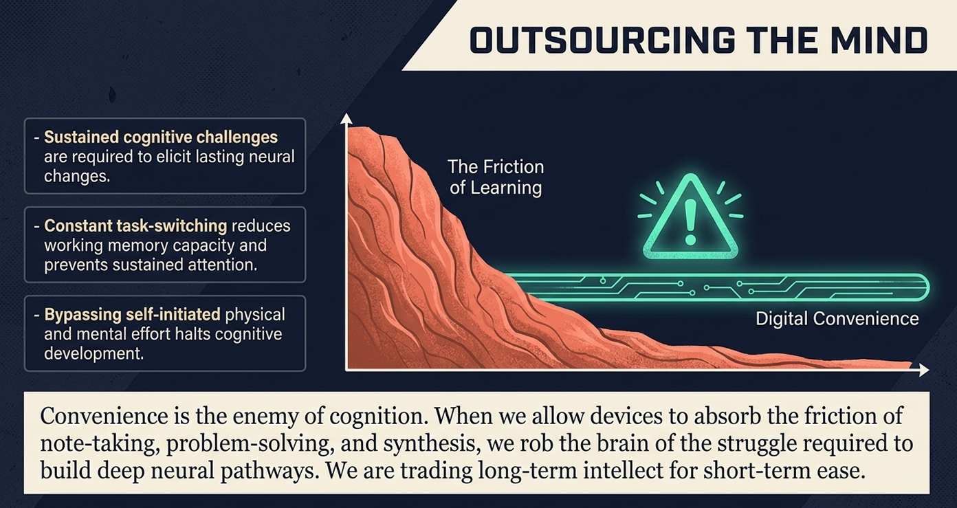 This illustrates the Cognitive Integrity Dilemma. There is a misplaced trust in convenience, which is described as the "enemy of cognition". By removing the struggle required for neural pathways, schools trade long-term intellect for short-term ease.