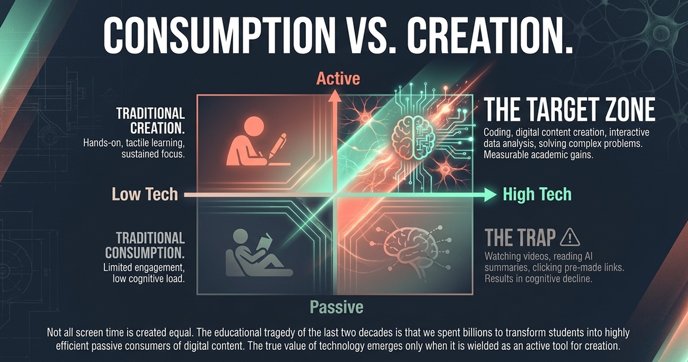 This addresses the Value Dilemma of screen time. Institutions often trust that "digital" equals "modern," but without moving toward coding or problem-solving, they risk engineering a tragedy where students become efficient but passive consumers.