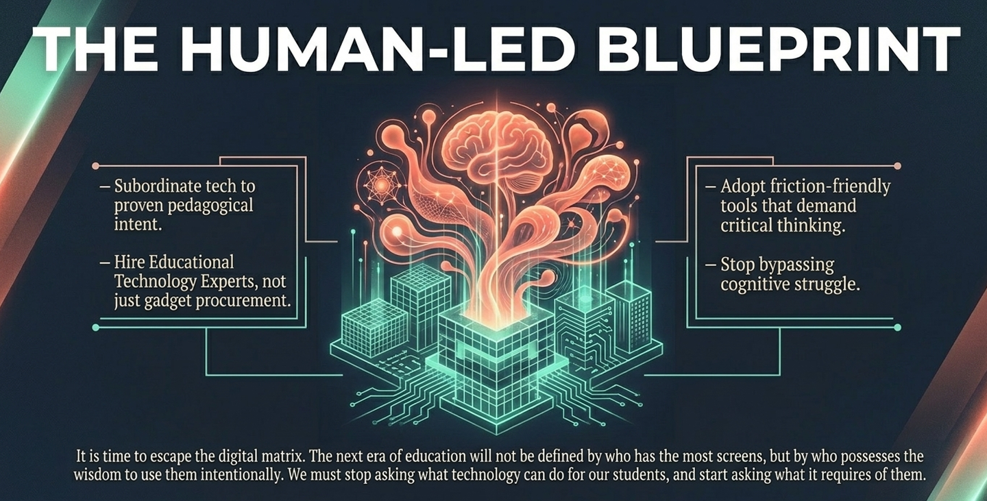 This represents the Strategic Agency Dilemma. Institutions face a choice: trust in "gadget procurement" or trust in "educational technology experts". It argues that the next era of education is defined by the wisdom to use screens intentionally rather than simply having the most screens.