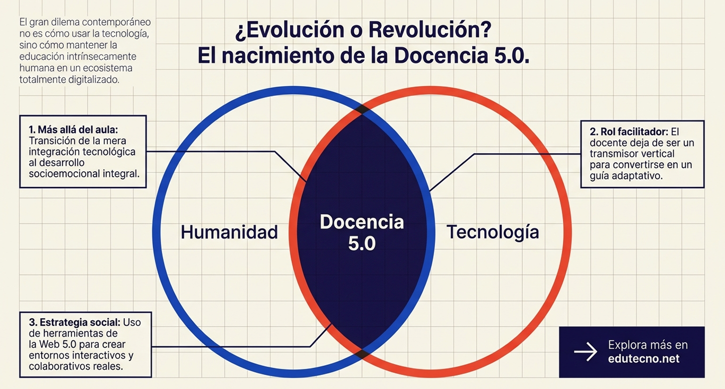 Este diagrama de Venn sitúa la "Docencia 5.0" en la intersección exacta entre la Humanidad y la Tecnología. El dilema educativo central es la crisis de identidad del docente: ¿sigue siendo un transmisor de información o debe mutar a un facilitador socioemocional? La confianza institucional se pone a prueba cuando las escuelas intentan digitalizarse sin antes redefinir el propósito humano detrás de las herramientas, arriesgándose a crear entornos eficientes pero fríos.