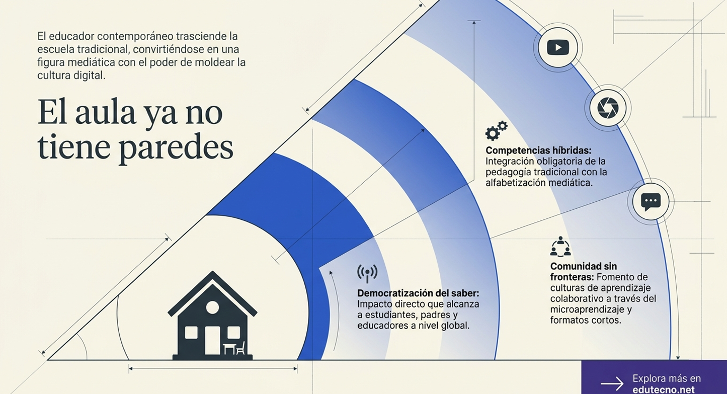 La imagen utiliza la iconografía de una señal expansiva para mostrar cómo el conocimiento desborda el hogar y la escuela física. El dilema aquí es la pérdida de control institucional. Si el aula está en todas partes, la institución pierde su rol de "portero" del saber. El desafío de confianza surge en la validación: ¿cómo garantizamos la calidad educativa en un ecosistema donde cualquier figura mediática puede moldear la cultura digital de los estudiantes?