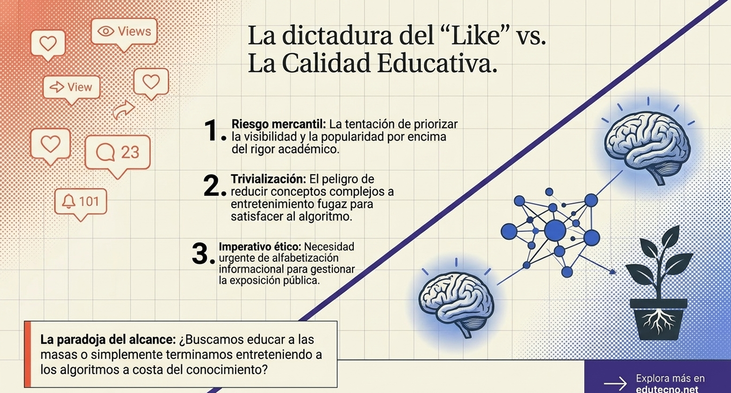 Visualiza el choque entre la dopamina de las redes sociales y el crecimiento orgánico del conocimiento. El dilema educativo es el riesgo mercantil: la tentación de las instituciones de simplificar contenidos complejos para hacerlos "atractivos" al algoritmo. Existe una desconfianza creciente hacia los modelos educativos que priorizan la visibilidad sobre el rigor, transformando el aprendizaje en un producto de consumo fugaz.