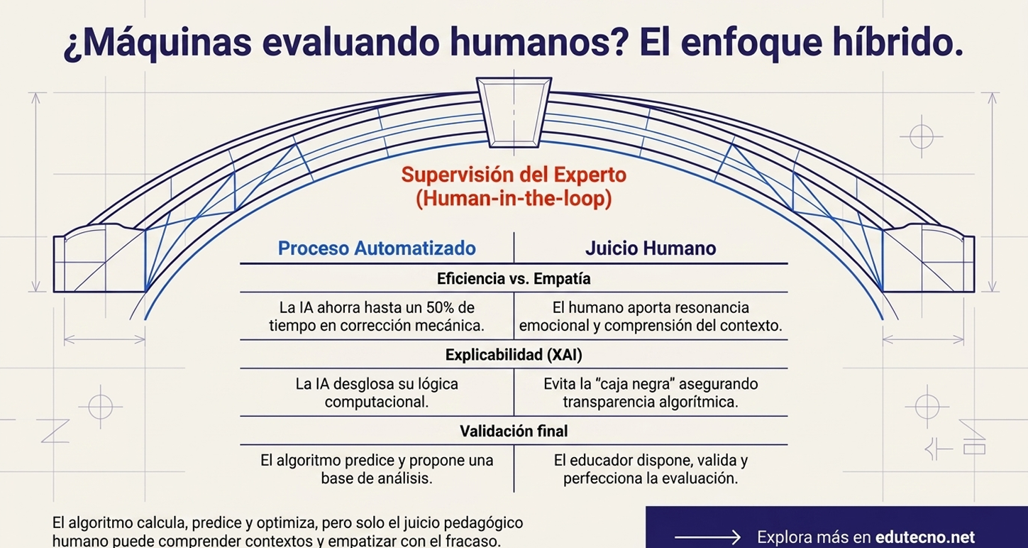 Un arco arquitectónico donde el "Juicio Humano" es la clave que sostiene la estructura. El dilema es la opacidad algorítmica (la "caja negra"). La confianza institucional depende de la transparencia: si un estudiante reprueba por una decisión automatizada, la institución pierde legitimidad a menos que exista un experto humano capaz de empatizar con el fracaso y explicar el "porqué" pedagógico.