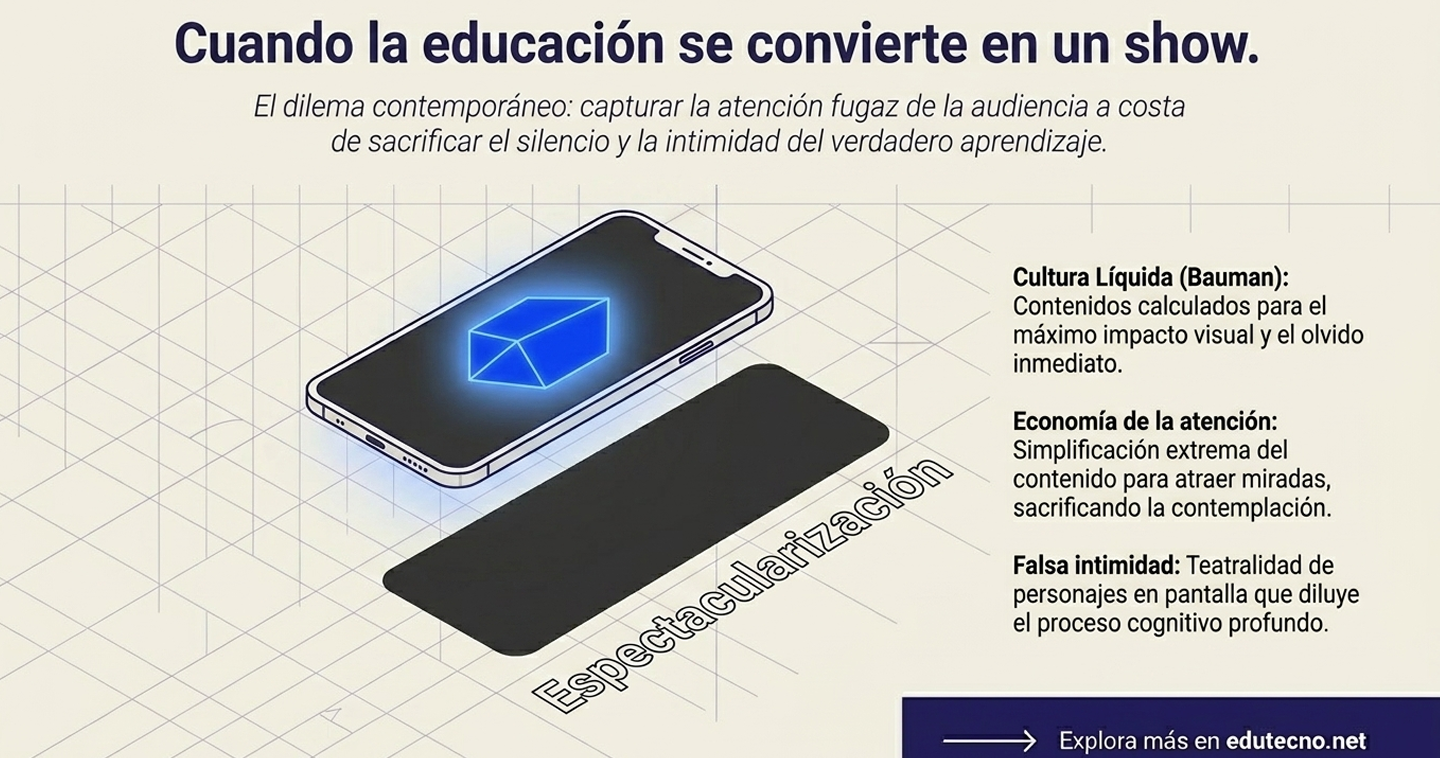 La palabra "Espectacularización" proyectada bajo un smartphone refleja la "Cultura Líquida" de Bauman. El dilema es la trivalización del saber. La confianza institucional se ve amenazada por la teatralidad: si el docente se convierte en un performer, se sacrifica el silencio y la intimidad necesarios para el pensamiento crítico profundo.