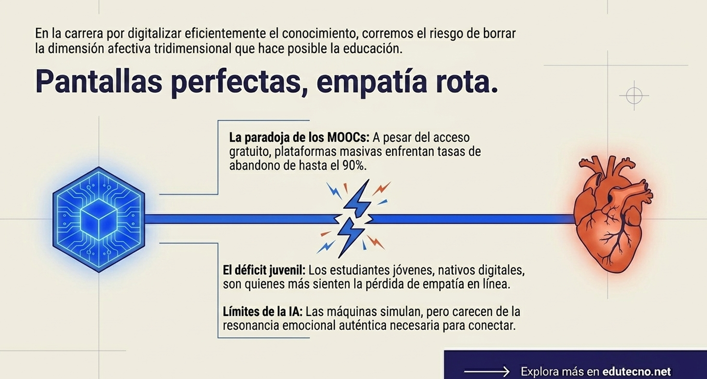 Un rayo rompe la conexión entre un procesador digital y un corazón humano. El dilema es el aislamiento en la masividad. Explica por qué los MOOCs tienen un 90% de abandono: falta resonancia emocional. Las instituciones enfrentan una crisis de confianza si los estudiantes sienten que son solo un número en una plataforma perfectamente optimizada, pero emocionalmente estéril.