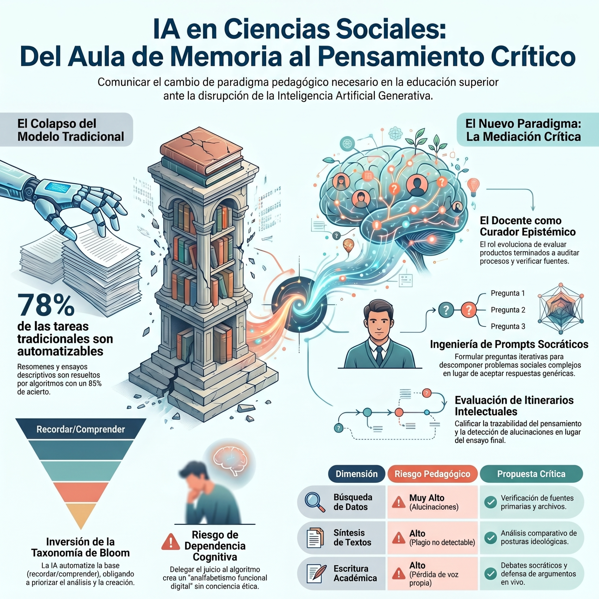 Esta imagen visualiza el colapso de la educación tradicional basada en la memoria, donde el 78% de las tareas ahora son automatizables. La columna que se quiebra representa la fragilidad de las instituciones que aún evalúan mediante resúmenes y ensayos descriptivos que una IA resuelve con un 85% de acierto.