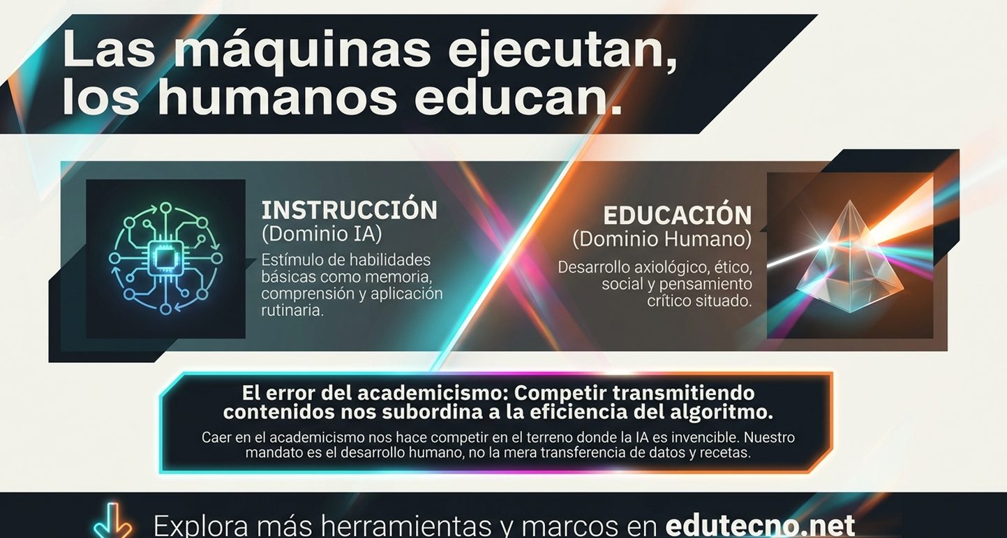 Establece una línea clara entre la instrucción (dominio de la IA para habilidades básicas) y la educación (dominio humano para el desarrollo axiológico y ético).