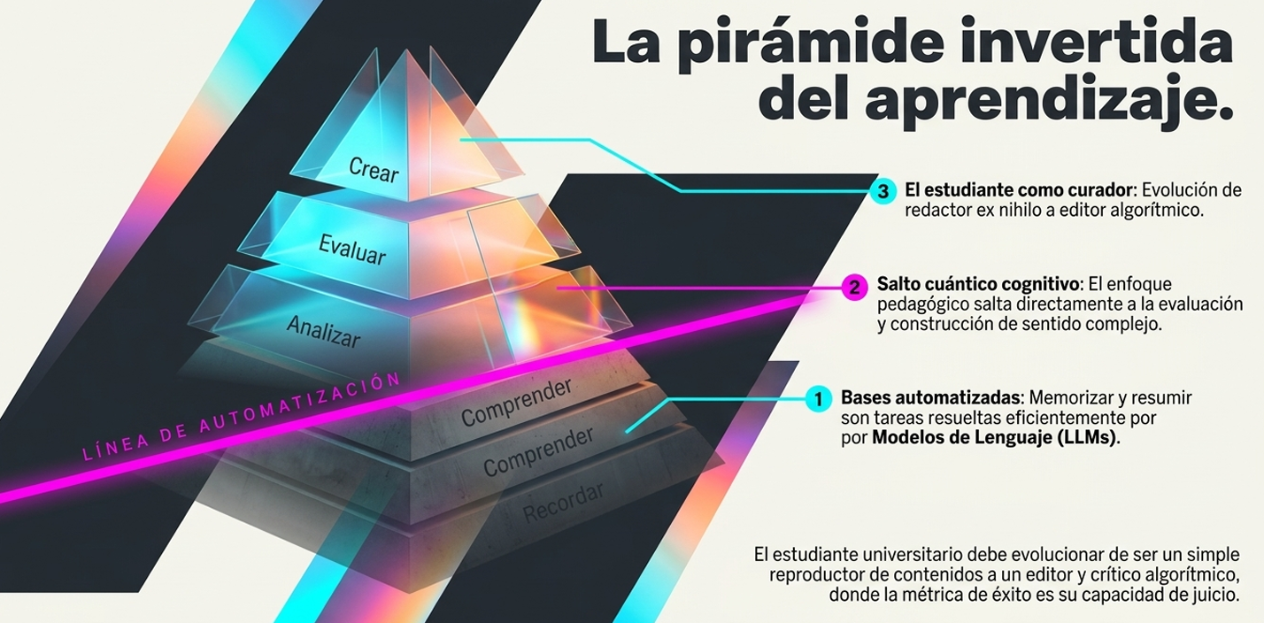 Una línea de automatización corta la taxonomía de Bloom tradicional. Las bases de memorizar, resumir y comprender ahora son "commodities" resueltos por Modelos de Lenguaje (LLMs).