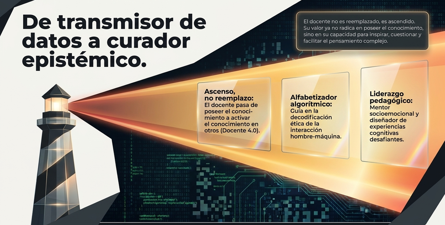 La metáfora del faro ilustra que el docente ya no es quien posee el conocimiento, sino quien ilumina y activa el conocimiento en otros. El docente es "ascendido" a Docente 4.0.