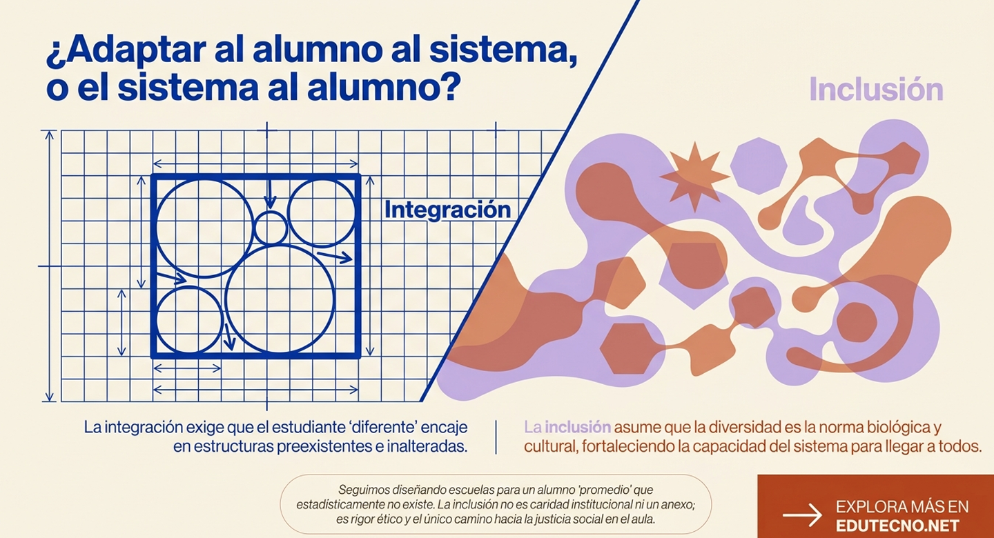 Un potente cierre visual que divide el campo en dos. A la izquierda, la Integración, representada por una cuadrícula rígida donde círculos de diferentes tamaños son aplastados e incrustados a la fuerza en estructuras preexistentes. A la derecha, la Inclusión, una red fluida, orgánica y adaptativa donde la diversidad es la norma biológica que expande la capacidad total del sistema.