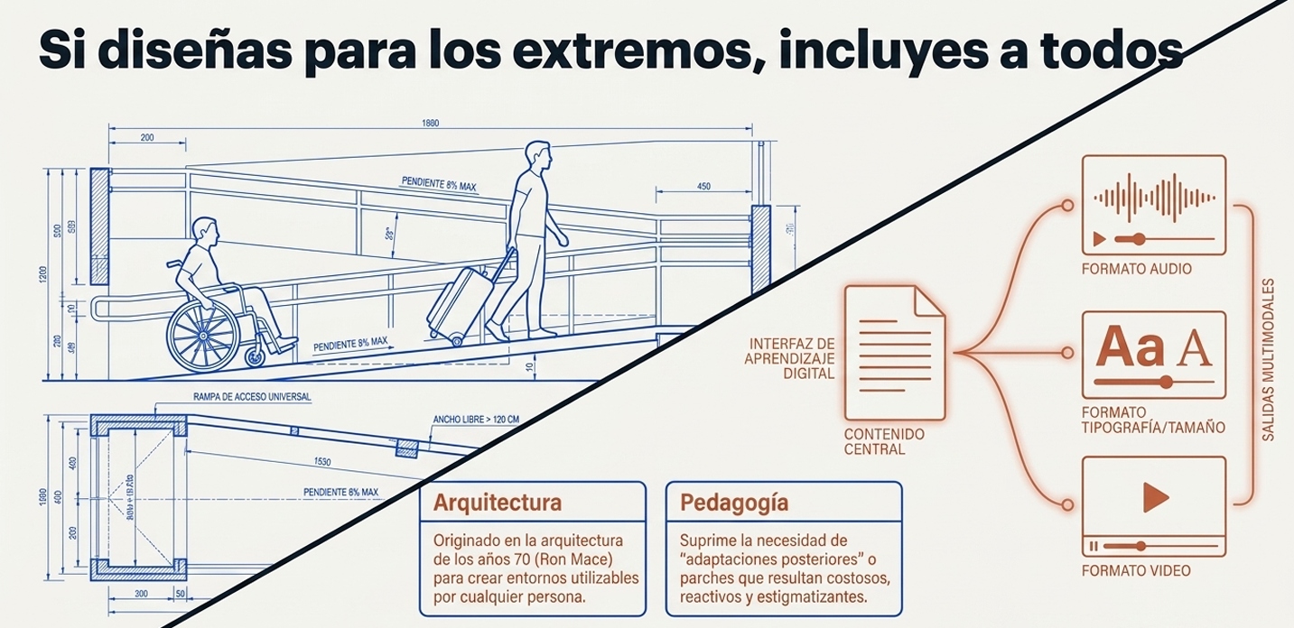 Utiliza el famoso "efecto rampa" de la arquitectura urbana para trazar un paralelo con la pedagogía. Muestra cómo una rampa diseñada originalmente para una silla de ruedas (el extremo) termina beneficiando al viajero con maleta, al anciano o al carrito de bebé. En pedagogía, plantear salidas multimodales (audio, texto variable, video) elimina la necesidad de parches costosos y estigmatizantes a posteriori.