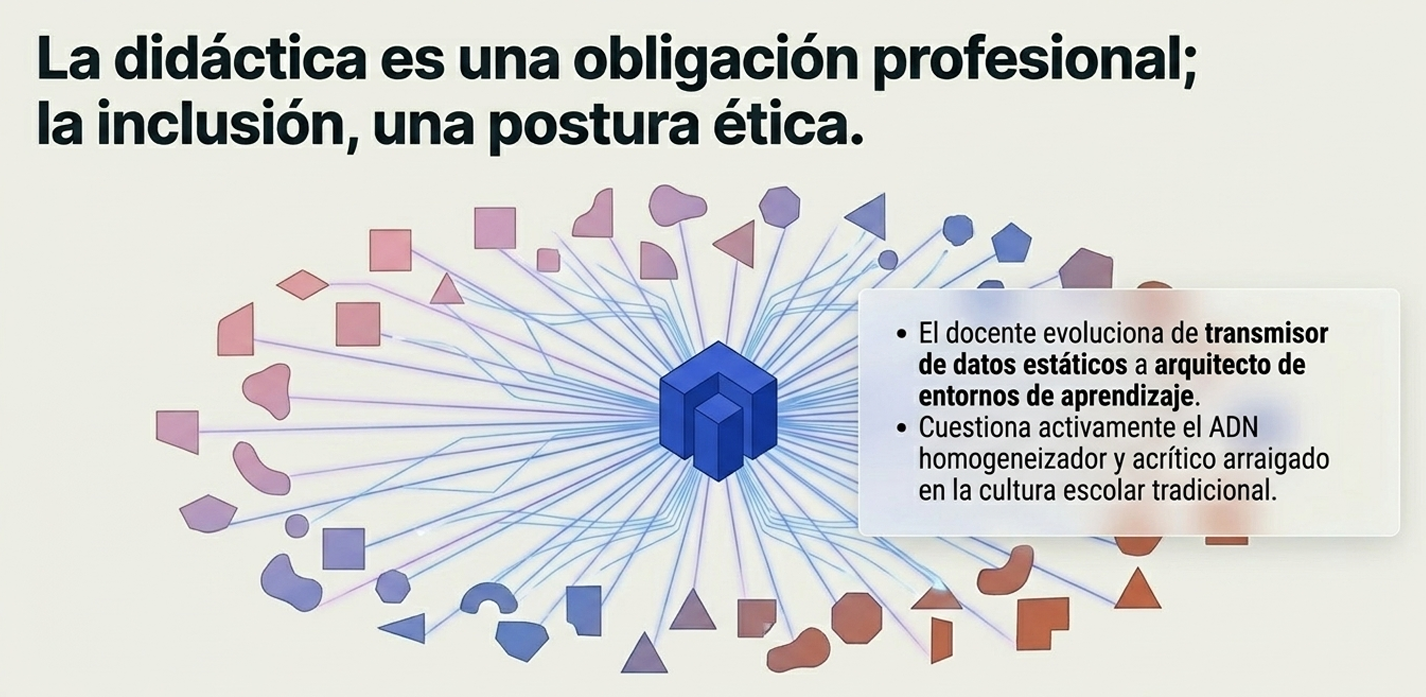 Visualiza una red compleja de formas geométricas diversas que orbitan y se conectan a un núcleo central. El texto define al docente ya no como un mero transmisor de datos estáticos, sino como un "arquitecto de entornos de aprendizaje", desafiando de frente el "ADN homogeneizador" de la escuela tradicional.