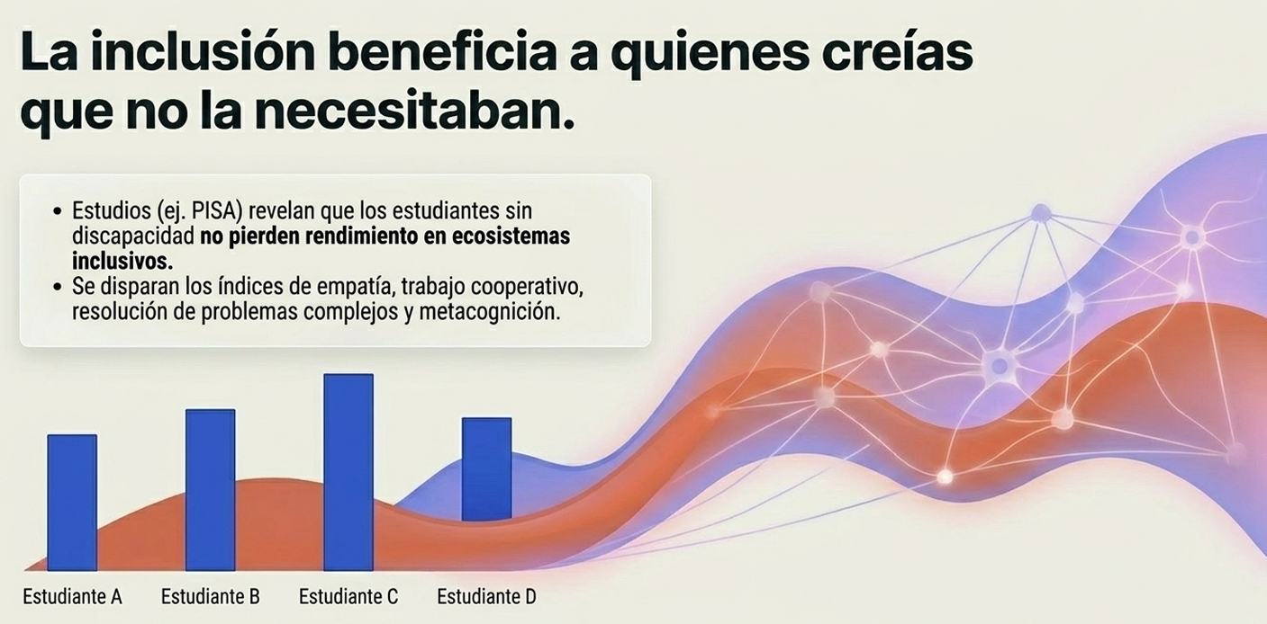Ilustra perfectamente el dilema de la suma cero en la asignación de recursos. En comunidades educativas rezagadas, existe la falsa percepción de que "atender a los rezagados o diferentes" le resta calidad o atención a los estudiantes "destacados". Esta desconfianza empuja a las familias y directivos a resistirse al cambio. La imagen desarma este dilema corporativo/educativo demostrando que la diversidad no es un gasto que diluye la calidad, sino una inversión de alto retorno que robustece el ecosistema completo.