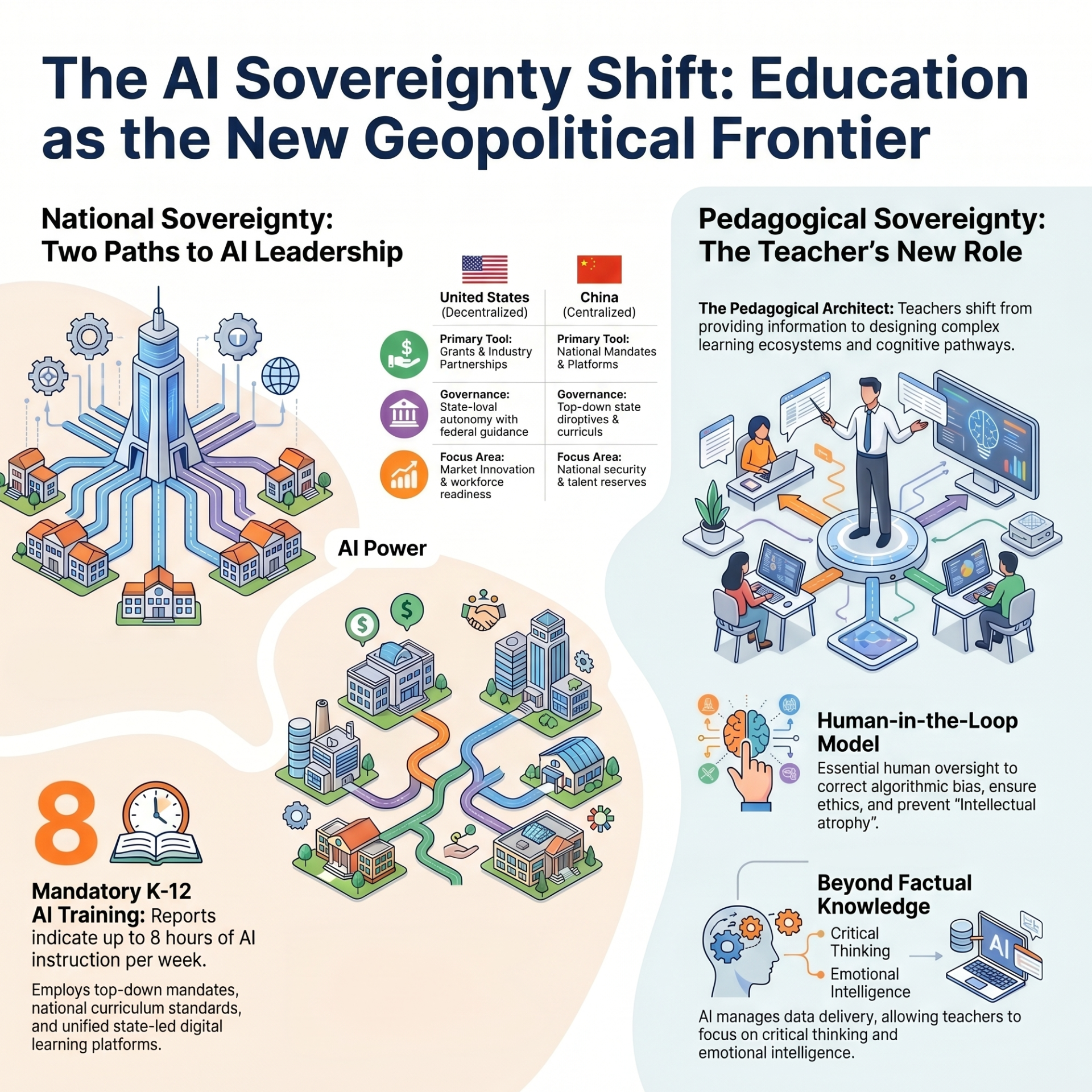 A macro infographic contrasting the decentralized, market-driven approach of the United States with the centralized, state-led model of China. It introduces the concept of "Pedagogical Sovereignty" where educators must pivot from information providers to algorithmic architects.