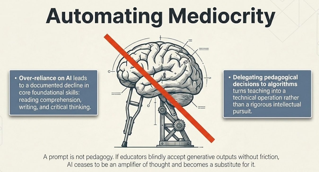This addresses the Dilemma of the Hollowed-Out Credential. To cut costs or project an illusion of cutting-edge innovation, leadership often permits or encourages the substitution of deep mental work with quick generative outputs. This creates a massive trust crisis regarding value. If an employer or a student realizes that an institution values rapid, mediocre, automated compliance over deep, rigorous, and authentic intellectual output, the foundational value of that institution's degrees, certifications, or products completely evaporates.