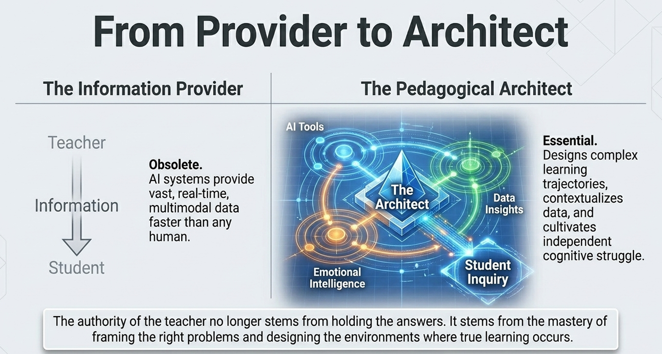 A direct comparison between the traditional, now obsolete "Information Provider" model (Teacher $\rightarrow$ Information $\rightarrow$ Student) and the modern "Pedagogical Architect" model, which uses AI tools to curate data insights, emotional intelligence, and independent cognitive struggle.