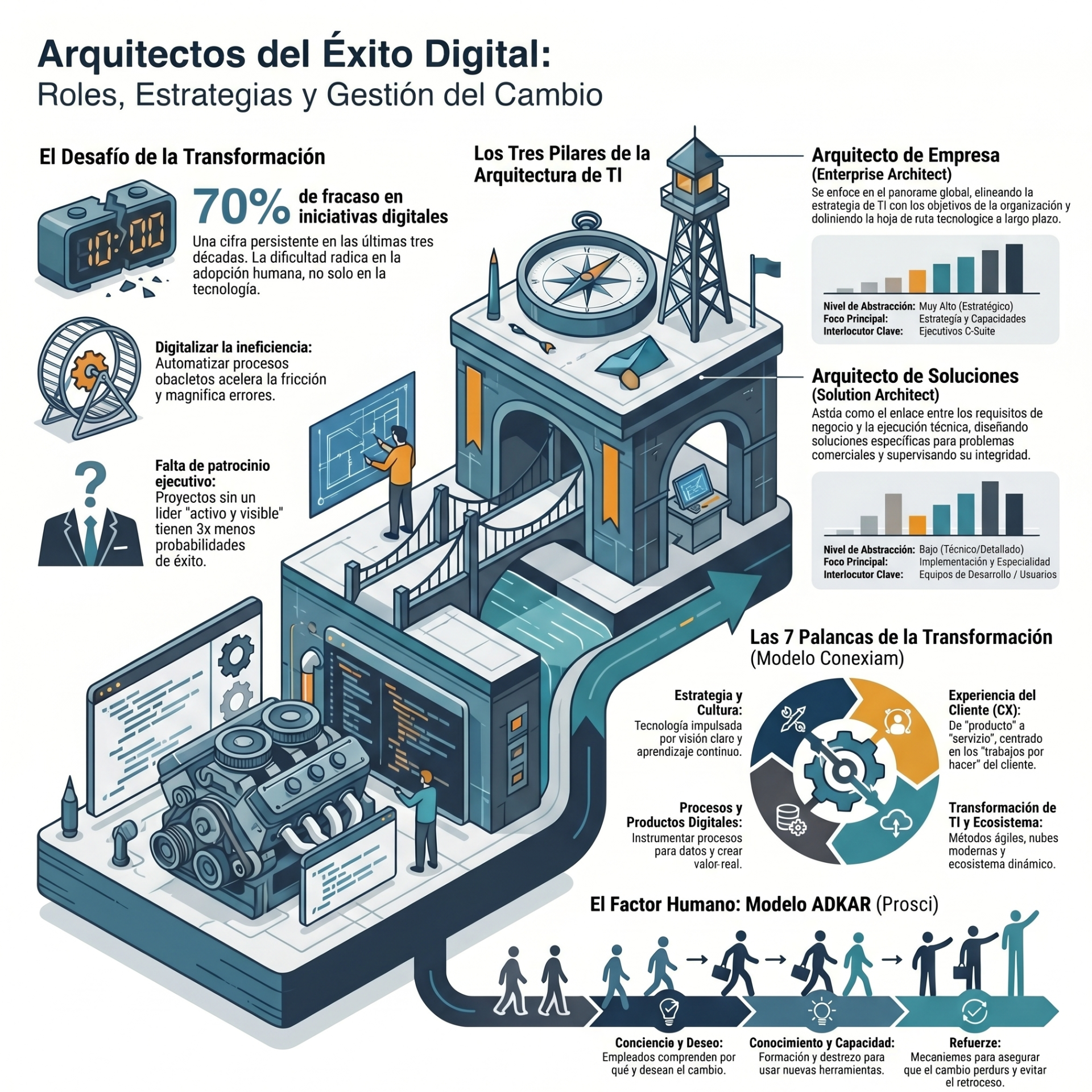 Infografía sobre arquitectura digital: torre, brújula, gráficos y texto sobre roles, estrategias y transformación del cambio.