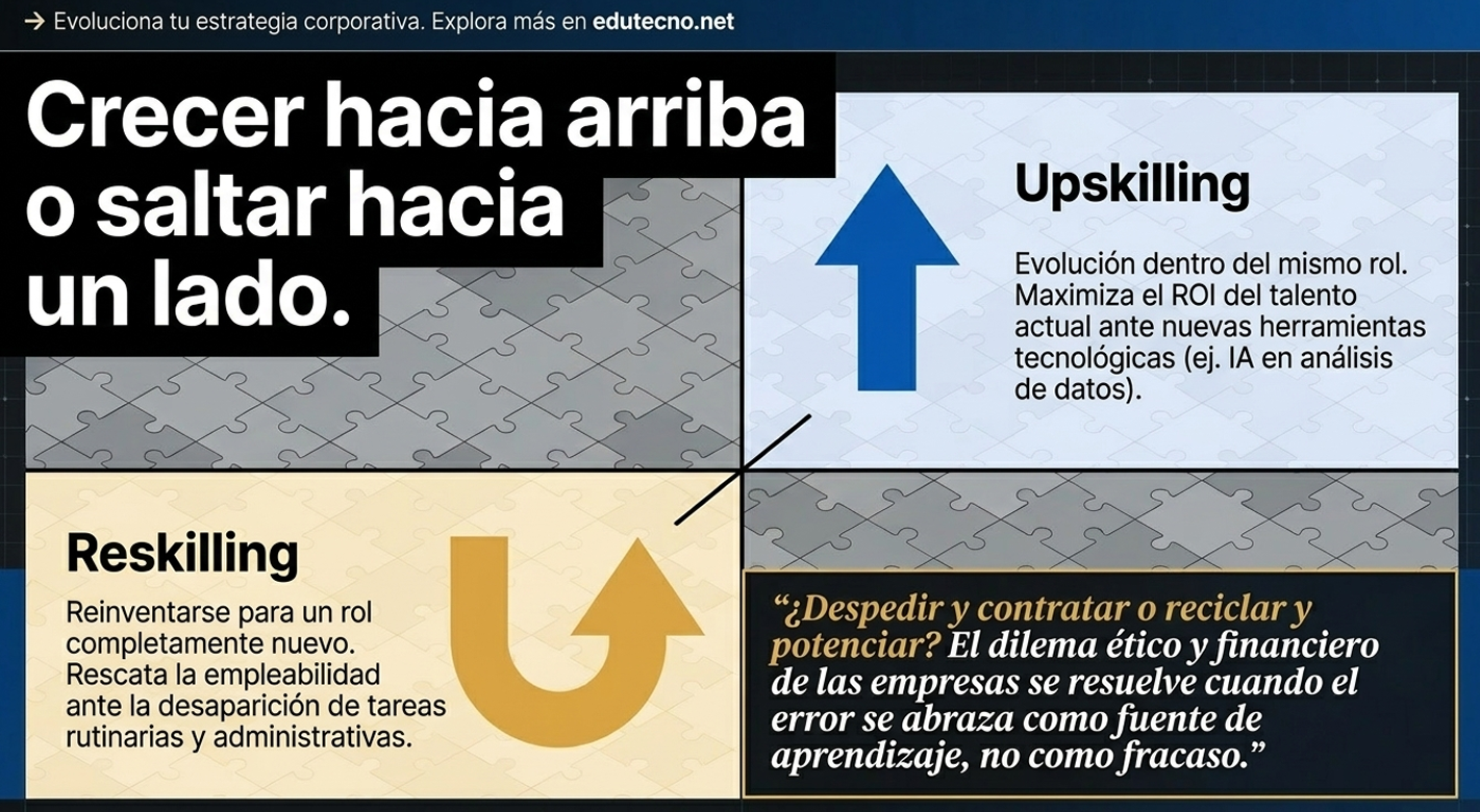Infografía corporativa con texto “Upskilling” y “Reskilling”, flechas y piezas de rompecabezas grises y azules.