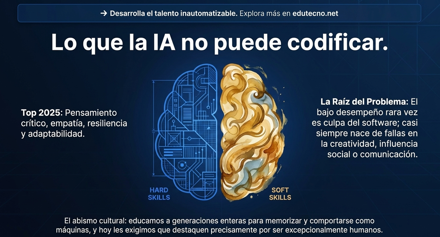 Ilustración con texto sobre IA, cerebro dorado y azul, habilidades hard y soft, fondo tecnológico.