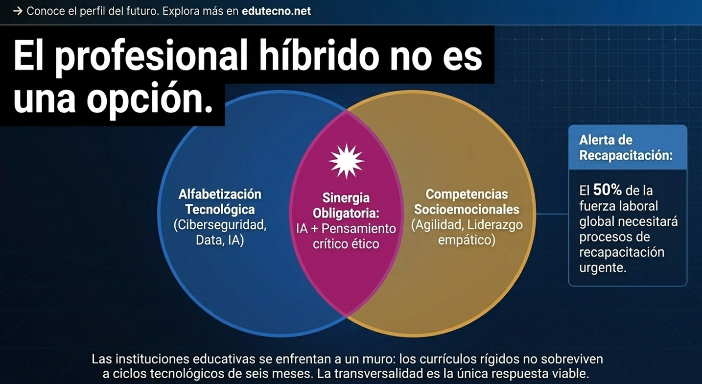 Diagrama con tres círculos sobre alfabetización tecnológica, sinergia obligatoria y competencias socioemocionales, con alerta de recaptación.